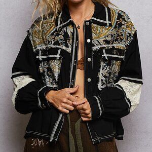 POL Printed Woven Mix Raw Hem Jacket with Lace Detail